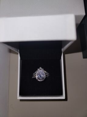 Pandora Silver-Tone Pear Halo Ring with Clear Stones
